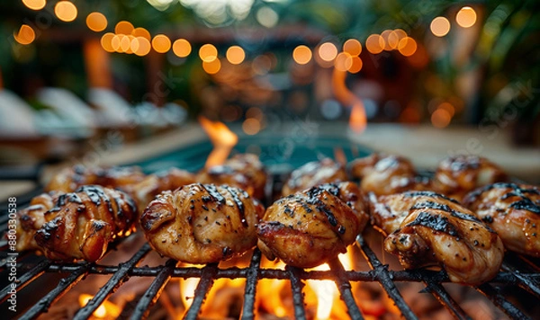 Fototapeta chicken breast/ drumsticks on a grill in the garden by the pool, house summer party, doing a bbq / barbecue