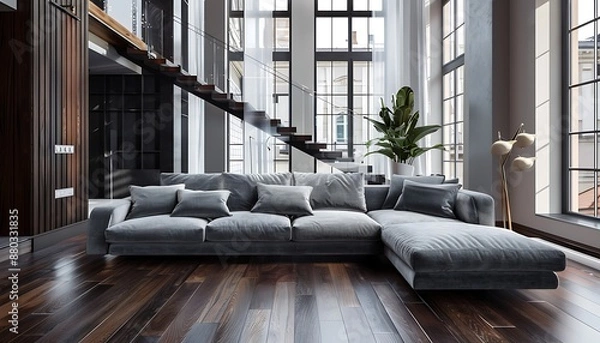 Fototapeta Urban modern living room with a velvet slate grey sofa, sleek wooden staircase, and dark stained wood flooring. Large bright windows, minimalist decor, and sharp lines.