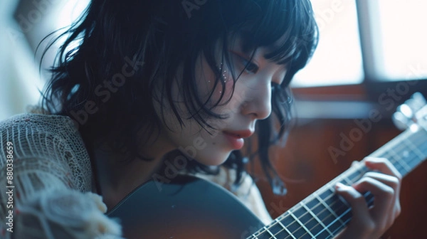 Obraz アコースティックギターを弾くアジア人女性