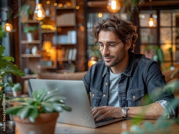 Fototapeta A real estate agent updates detailed property listings on a sleek laptop in a stylish office