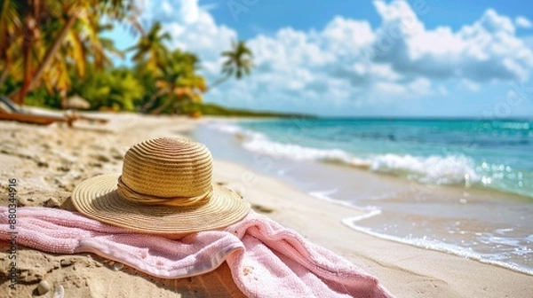 Fototapeta Straw Hat and Towel on a Sunny Beach