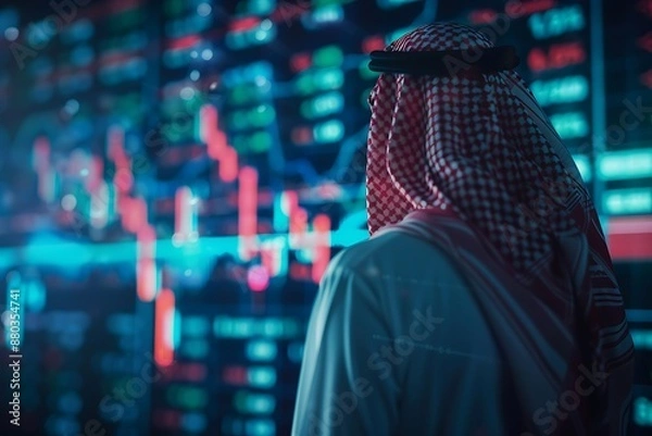 Fototapeta Saudi Gulf Arab man wearing a traditional white thobe and red shemagh standing in front of a graph of economic growth 3d hologram background.