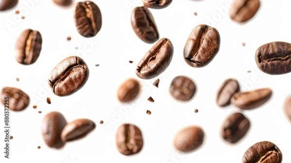 Fototapeta Coffee Beans in Motion: A captivating image of roasted coffee beans suspended in mid-air, their rich brown tones and intricate details highlighted against a clean backdrop.