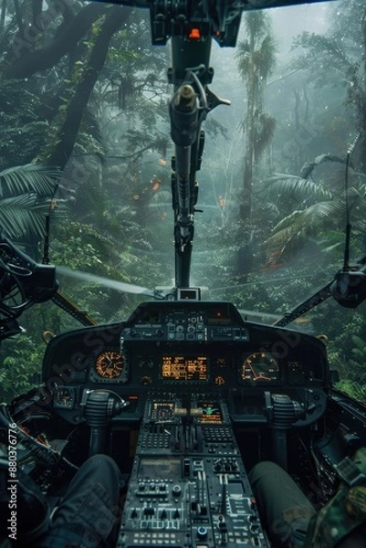 Fototapeta A close-up of an Attack Helicopters AH-64 Apaches cockpit amidst a jungle operation The pilots face is tense with concentration