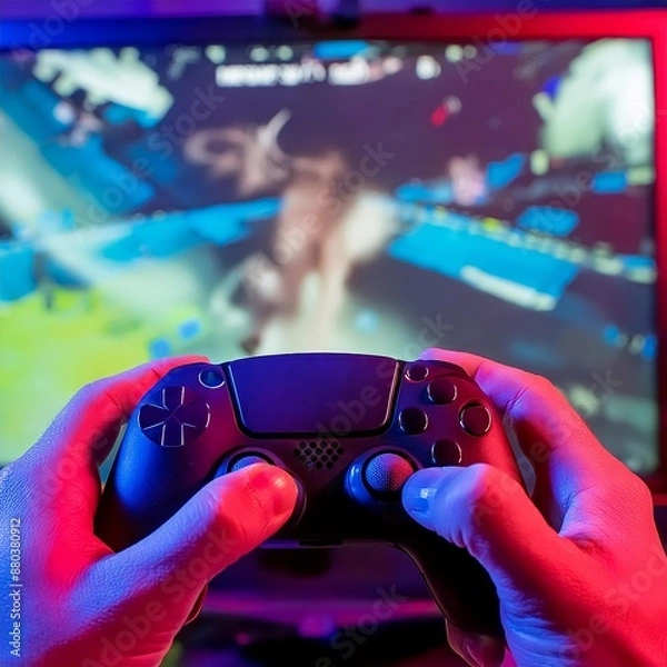 Obraz Gaming Controller being held by Player - Playing a Game on a Game Console on a Big Screen - Lit by Neon colored Light - Streamer streaming and playing a Racing Adventure Game, Hands holding a Joystick
