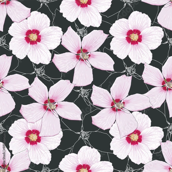 Fototapeta Seamless pattern floral with purple pastel Hibiscus flowers on isolated background.Vector illustration hand drawn.For fabric fashion print design or product packaging.