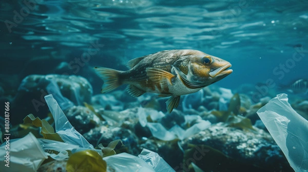 Fototapeta A dead fish surrounded by plastic waste is sad evidence of the global pollution problem.