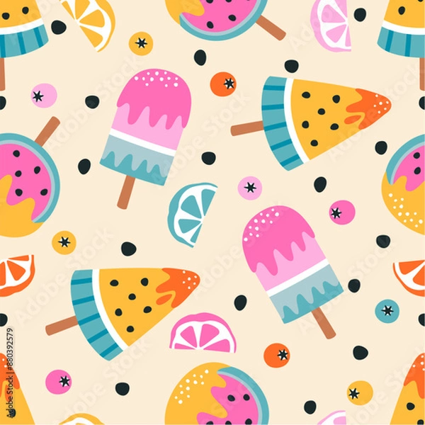 Fototapeta Seamless pattern with summer ice cream and fruits.