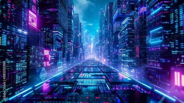Fototapeta Spectacular 3D representations of abstract cyberpunk cities, featuring futuristic towers, digital advertisements