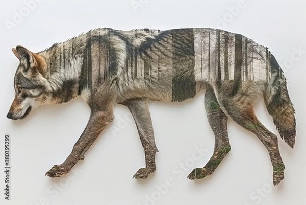 Fototapeta Wolf and snowy mountain double exposure, combining wildlife with rugged terrain.