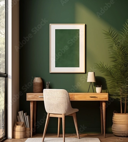 Fototapeta Minimal and comfort home working space interior with wooden furniture, copy space for montage on wooden table and blank frame on white wall.