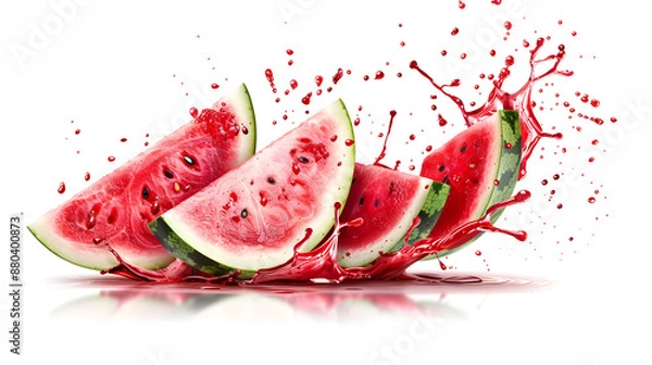 Fototapeta Watermelon slices with juice splashes isolated on white background