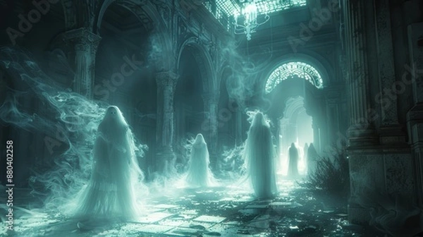 Fototapeta Ethereal ghosts haunt an abandoned, gothic church with eerie light illuminating the decrepit arches and spectral figures.