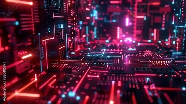 Fototapeta Abstract futuristic technology background with glowing circuit board pattern. High-tech digital design with neon lights.