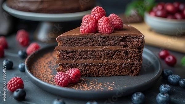 Fototapeta Chocolate cake slice with raspberries and blueberries
