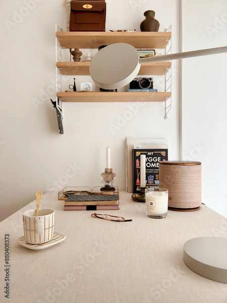 Fototapeta Scandinavian interior design. Workspace area. Mid century furniture design. Desk design. Simplicity. Apartment decor. Scandi rustic decor. Scandinavia tradition