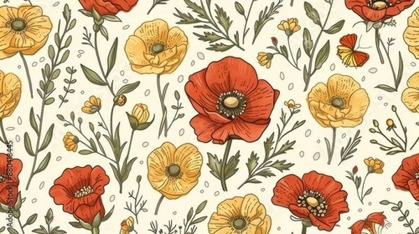 Fototapeta Seamless floral pattern with red and yellow poppies