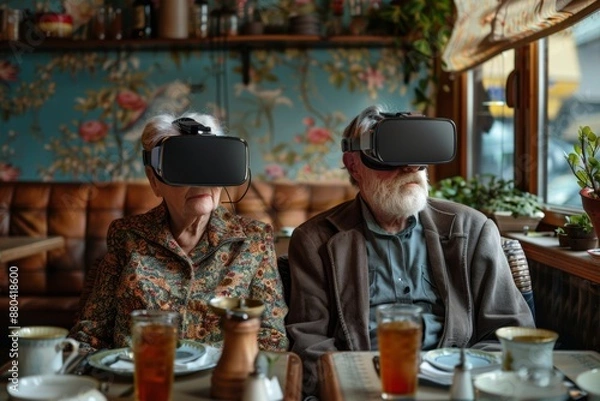Fototapeta An elderly couple enjoys a virtual reality experience while dining at a restaurant, wearing VR headsets.
