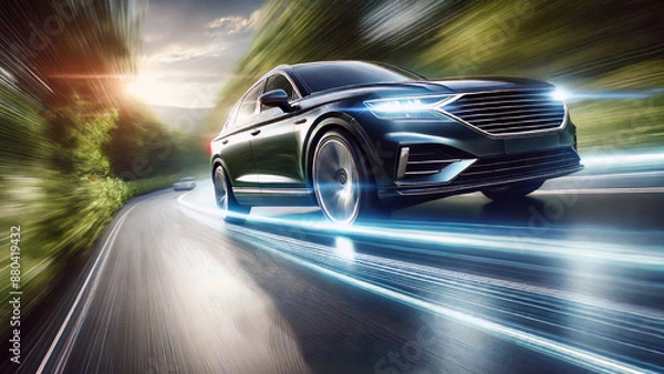 Fototapeta High-speed car on winding road