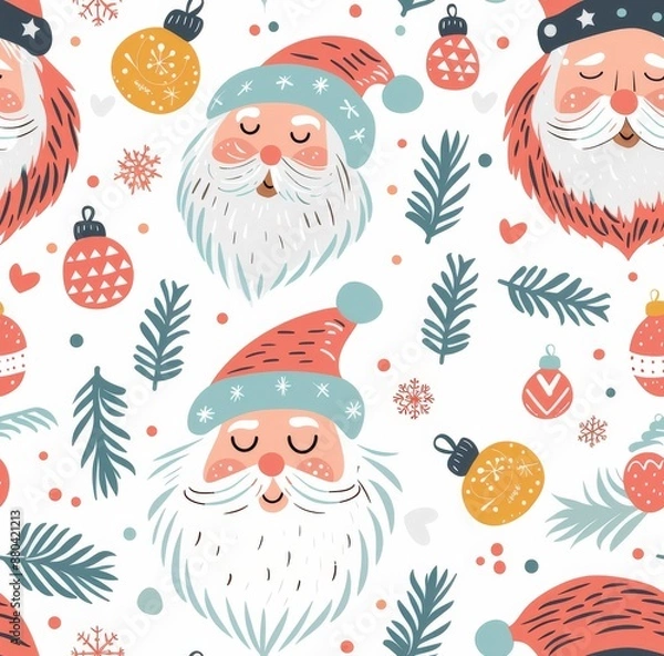 Obraz  Cheerful seamless pattern featuring jolly Santa faces, Christmas ornaments, and festive decorations in a vibrant, hand-drawn style