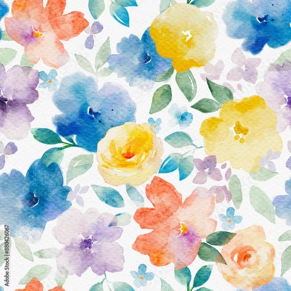 Fototapeta Beautiful floral seamless pattern with hand drawn watercolor abstract flowers. Stock illustration. Gentle summer design. Seamless print.