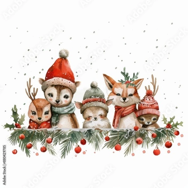 Obraz A cute and festive illustration of various woodland animals wearing winter hats and scarves, set against a snowy background with holiday decorations