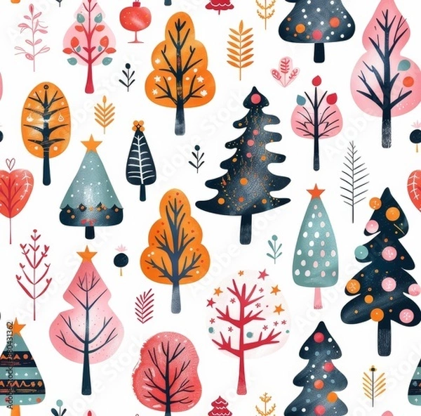 Obraz A cheerful and festive pattern of stylized trees in various shapes and colors, adorned with holiday decorations, set against a white background