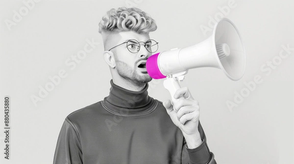 Fototapeta Monochrome Stylish Young Man Shouting into Megaphone for Modern Artistic Expression