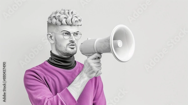 Fototapeta Portrait of a Modern Stylish Man with Megaphone and Glasses on Grey Background. Contemporary Communication Technology Art