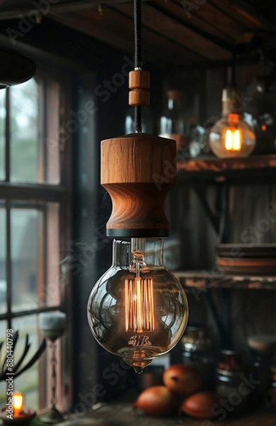 Fototapeta Wooden Pendant Light In Interior. A close-up of a wooden pendant light hanging in a rustic interior, with a large Edison bulb illuminated.