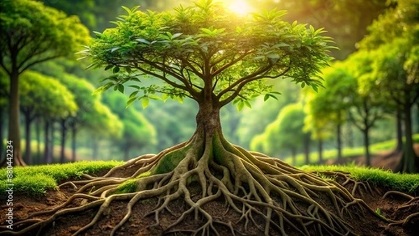 Fototapeta A serene, isolated, detailed, high-quality image of lush green plant growth with vast, intricate, earthy roots system in background.