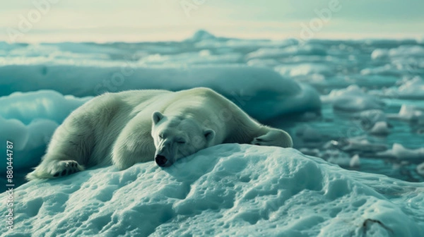 Fototapeta Close-up of a polar bear lying on an iceberg floating in the cold sea. Wild animal resting in its natural habitat. Winter landscape. Wildlife concept.
