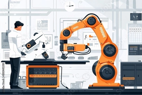 Fototapeta Entrepreneur developed a factory that produces robots for the AI processing industry using artificial intelligence on a blank background.