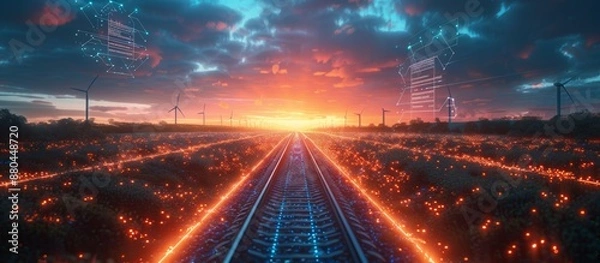 Fototapeta Futuristic railway track at sunset