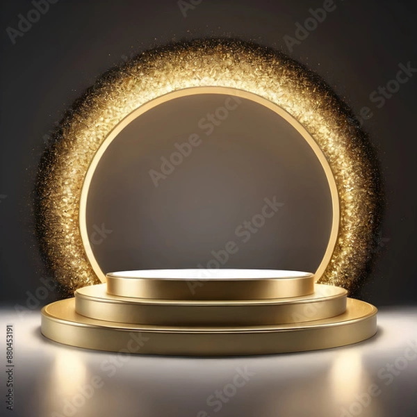 Fototapeta Golden round podium on a dark background. 