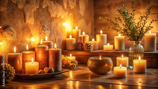 Fototapeta Warm and cozy ambiance of a candlelit room with softly glowing lights casting a subtle warm golden glow on the walls.