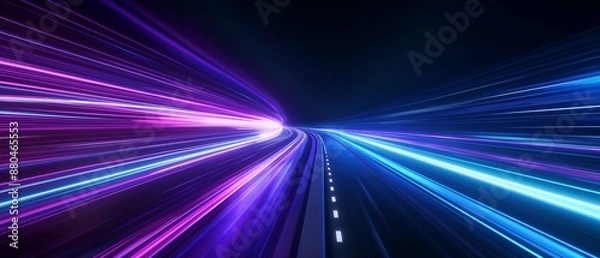 Obraz Abstract background with blue and purple light streaks on black, speed motion on a night road