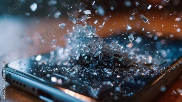 Fototapeta A phone screen is shattered with glass shards scattered all over it