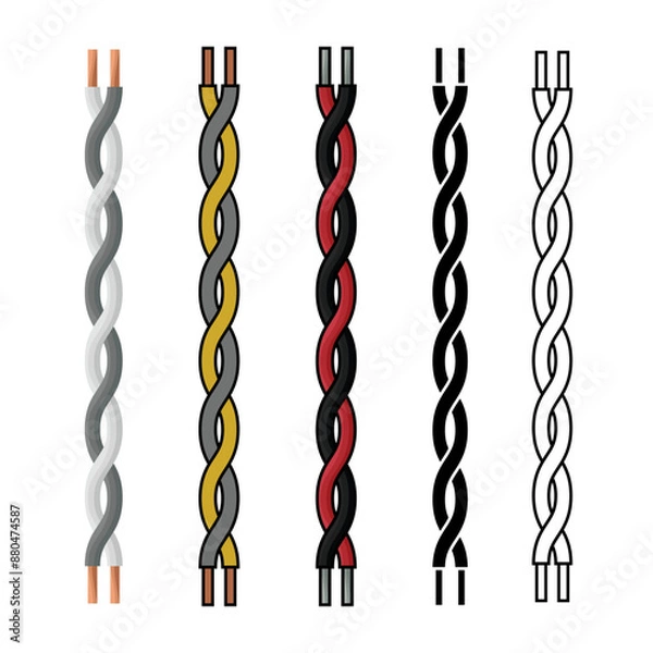 Fototapeta A set of wires. Twisted wires of electrical wiring. A wire for electronics. A wire is an electrical product. Vector illustration isolated on a white background for design and web.