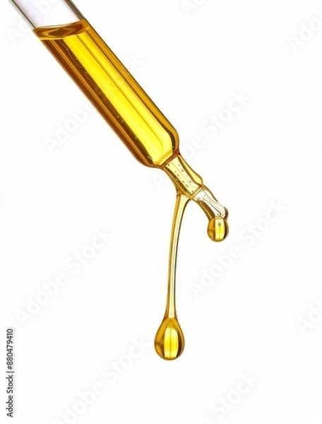 Fototapeta On a white background, a cosmetic pipette with drops of cosmetic oil is close up, showing the drops
