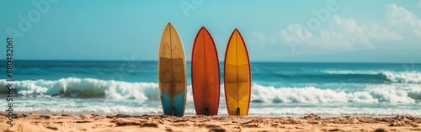 Fototapeta A row of colorful surfboards standing upright in the sand on a beach with ocean waves and a clear sky. With copy space for text