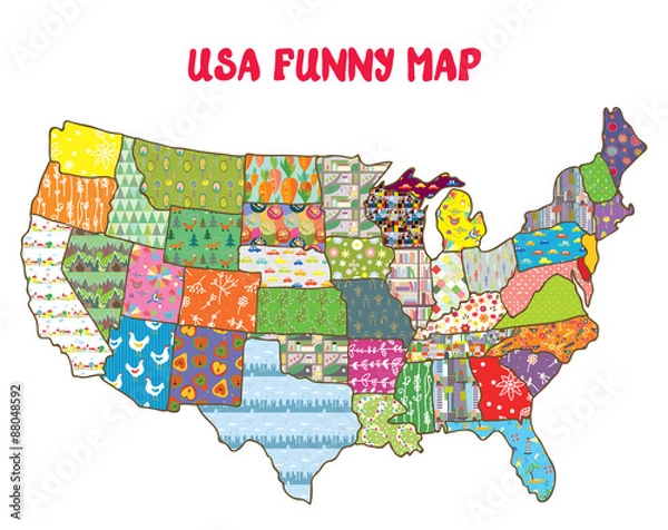 Fototapeta United States funny map with patterns - design for kids
