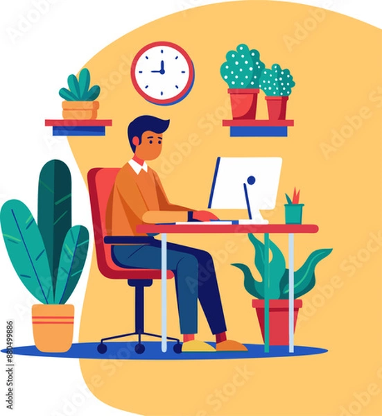 Fototapeta Young man working on computer, Businessman sitting on a red chair behind the office Desk with a cactus, wall clock. Cool vector flat illustration character design isolated on white background