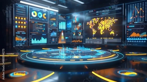 Obraz Futuristic Interface with World Map and Data Visualizations.
