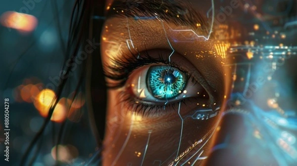 Fototapeta Future woman with cyber technology eye panel concept - sci-fi futuristic portrait of a young woman with digital eye implant, cybernetic augmentation, and technological integration, conceptual art for 