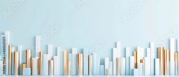 Fototapeta Abstract 3D city skyline with tall buildings in gold and white on a blue background showcasing modern urban architecture.