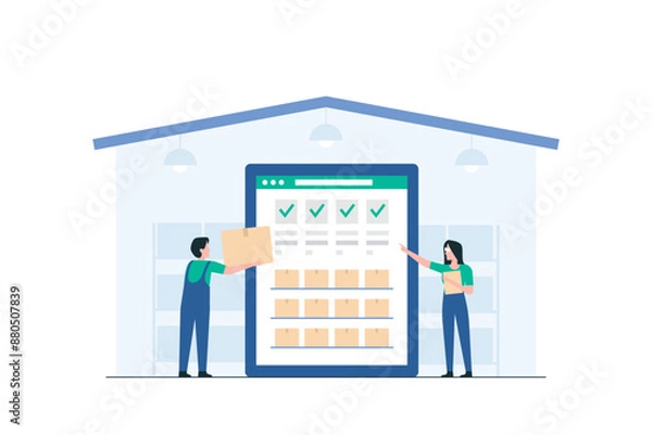 Fototapeta Inventory Control or Logistics Management. Warehouse Worker Organizing Inventory Efficiently Using Technology.