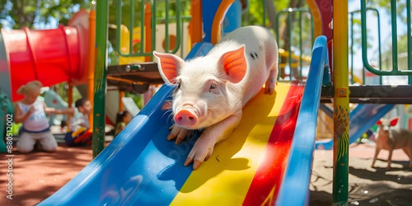 Fototapeta Cheerful Piglet Sliding Down Colorful Playground Slide in Sunny Outdoor Park