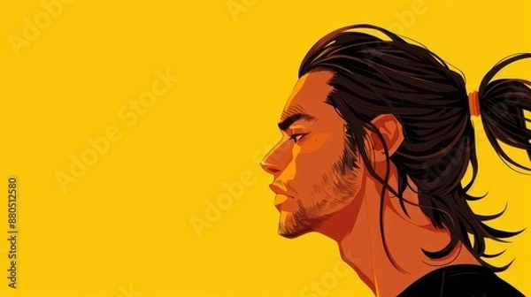 Fototapeta Vibrant anime portrait of young man with ponytail in profile on yellow background.