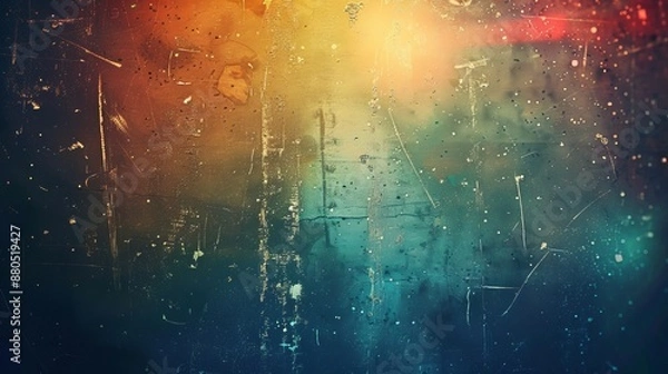 Fototapeta An overlay of dust scratches over old film. Blue distressed faded glass with smeared dirt stains and colorful rainbow lens flare. Sunlight abstract background.
